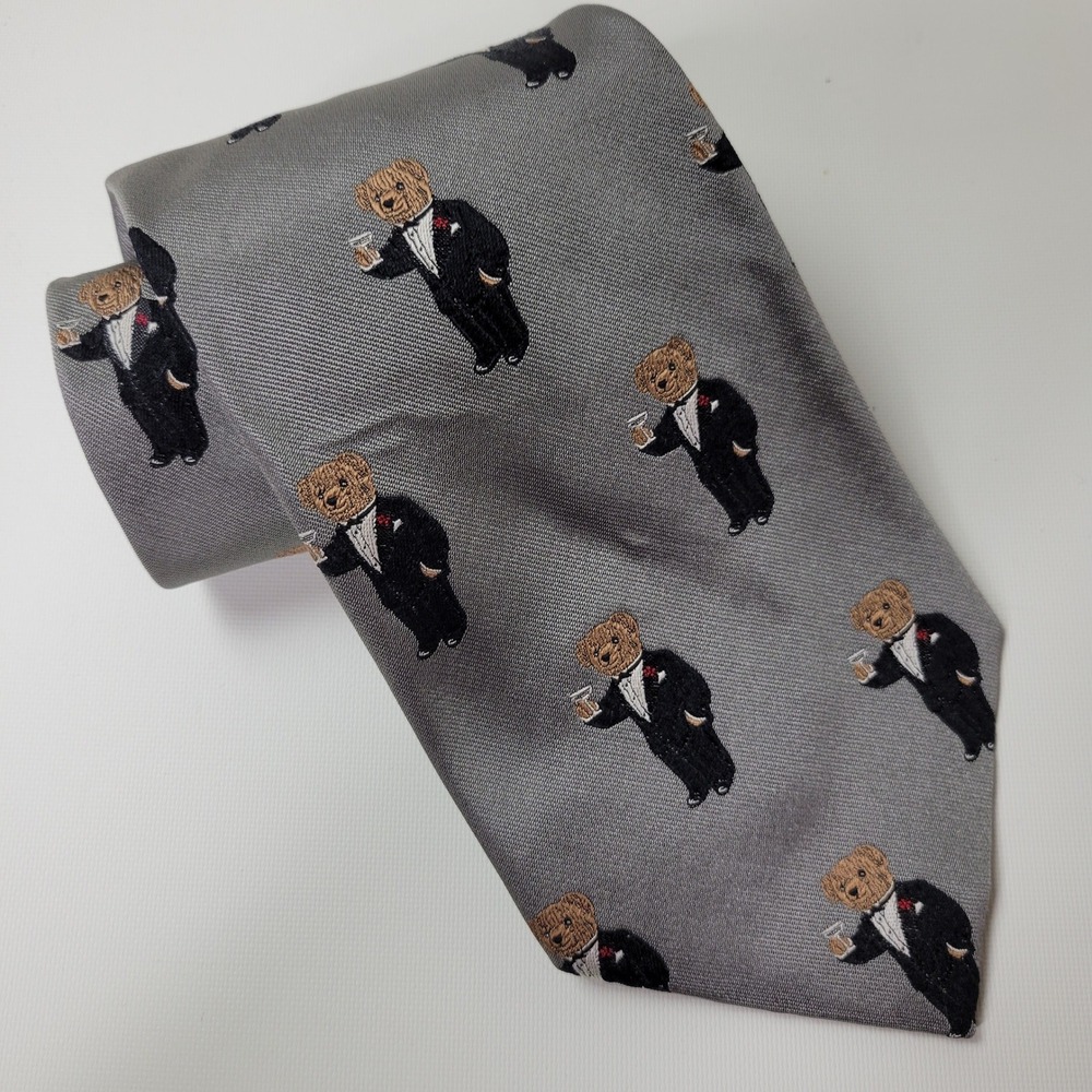 Vintage Polo Ralph Lauren Silk Tie Grey Martini Polo Bear Tuxedo Made in USA 4"
